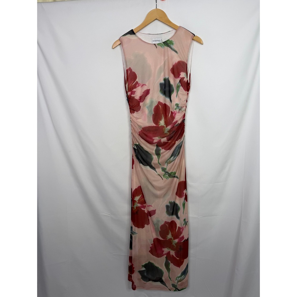 Minkpink Abella Mesh Midi Dress Red Floral Ruched Bodycon Size M NWT - Picture 7 of 8